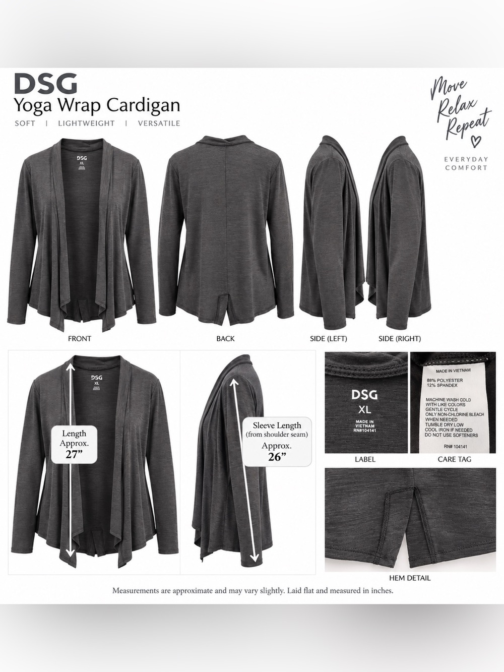 DSG Dark Gray Open-Front Draped Cardigan like new XL